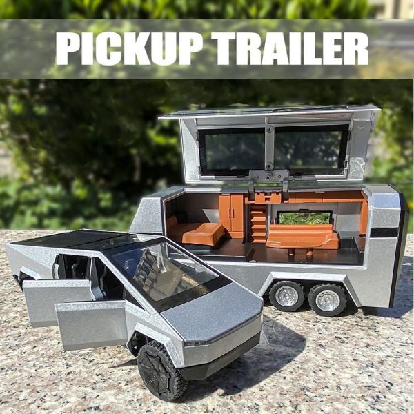 Pickup Trailer RV Model, Metal Pick-Up Truck Trailer Toy with Motorcycle, Toy Truck with Sound/Light/Pull Back/Realistic Interior Exterior,Ideal Toy Car Vehicle Gifts (1/32 Green Pickup Trailer RV) - Image 9