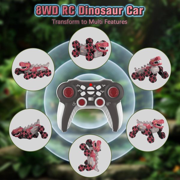 Dinosaur Remote Control Car - 8WD RC Car Toy for 4 5 6 7 8 Year Old Boys, 2.4Ghz RC Drift Monster Truck, Transform Stunt Car with 360°Rotating/Spray/Roar, Birthday Xmas Gifts for Kids Age 4-6 5-7 8-12 - Image 4