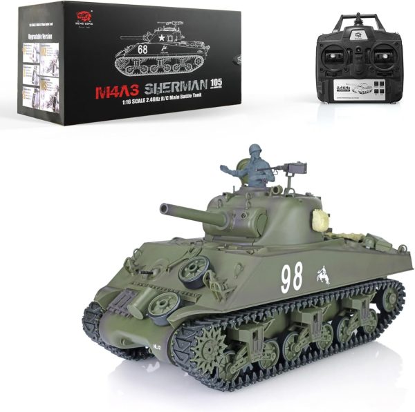 Heng Long RC Tank 2.4G 1/16 Scale 7.0 Plastic Version M4A3 Sherman Smoking Unit Battle Tank Military Transport Vehicles 340° Rotating Turret IR Combat Barrel Model 3898 BB Shooting Airsoft - Image 2