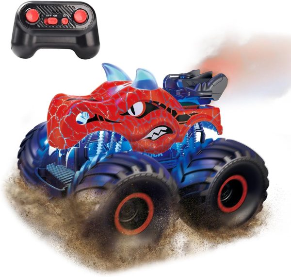 Threeking 1:18 Dinosaur RC Car Remote Control Cars Trucks Toy 4WD Off-Road Car Toys with Lights Spray Suitable for All Terrain Gifts Presents for Boys/Girls Ages 6+ Red - Image 2