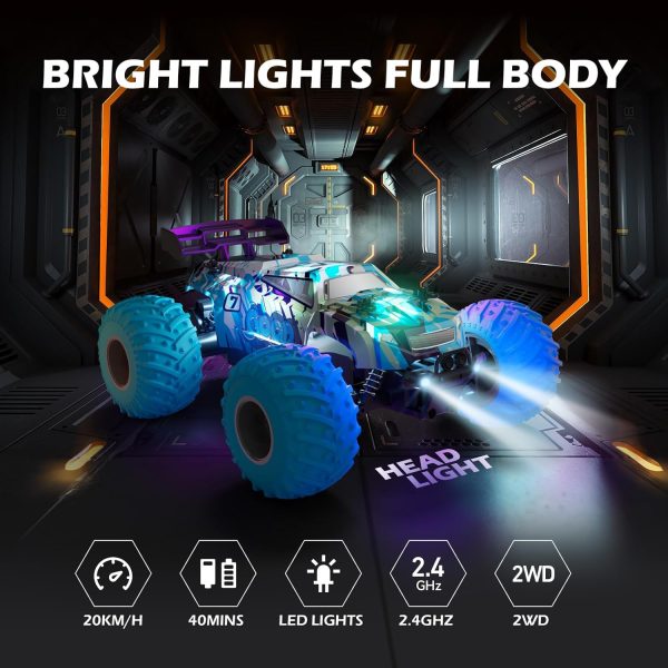 RC Cars,Remote Control Car RC Truck for Kids Boys Ages 4-7 8-12 Adults Toddler, Off Road Radio Controlled Toy with LED Lights,20KMH,40Mins,2.4Ghz - Image 4