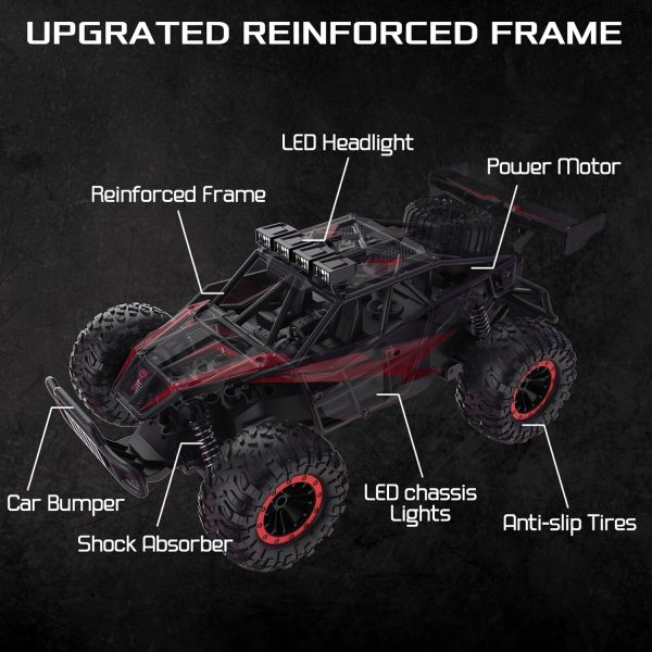 1:16 Scale Remote Control Car, 20 Km/h High Speed Remote Control Truck Off Road RC Monster Vehicle with LED Headlights and Chassis Lights, Electric Toy for Boys Kids and Adults - Image 5