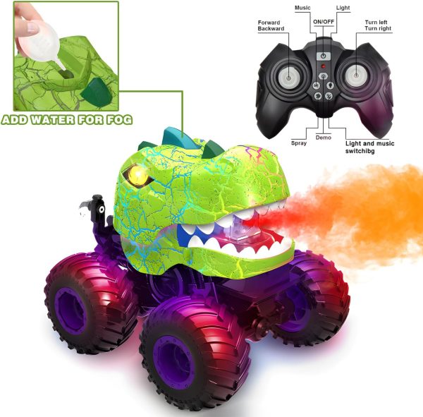 Dinosaur Remote Control Car, 360° Rotating RC Stunt Car Monster Truck Toys with Spray, Light & Sound, 2.4GHz All Terrain RC Cars for Boys Age 4-7, Birthday Gifts for Kids 3-5 6 7 8-12 (Green) - Image 5