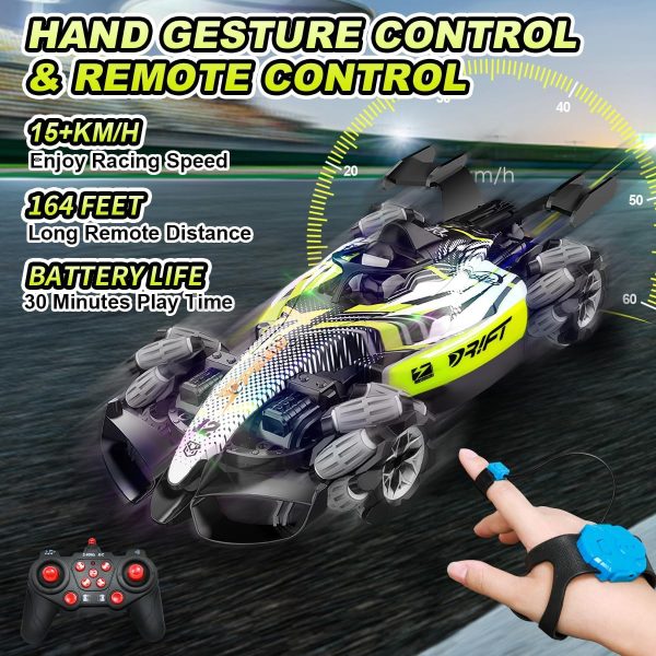 Axirata F1 Gesture Hand Remote Control Car for Kids Age 6-12 Year Old 2.4GHz 4WD 360°Rotation Drift RC Stunt Car with Light & Music & Spray 1:12 Scale Toy Car Gift for Boys Girls - Image 5