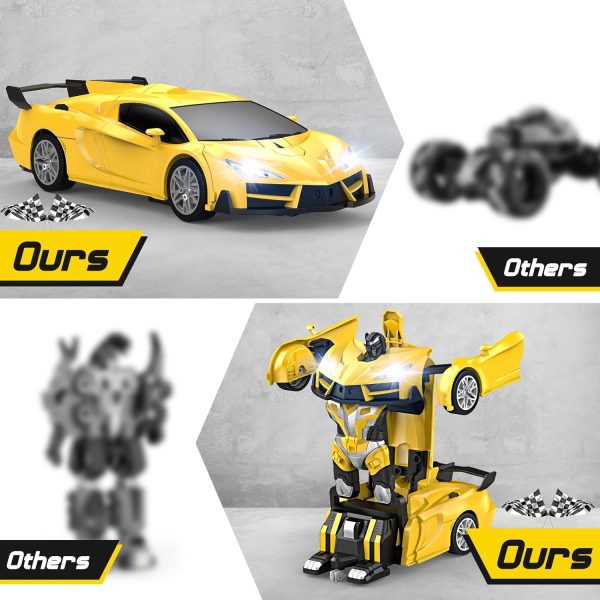 Remote Control Car，Transform Robot RC Cars with Cool LED Headlights, 2.4Ghz Toys Car with 360 Degree Rotation and One-Button Deformation, Christmas Birthday Gifts for Boys Girls(Yellow) - Image 6