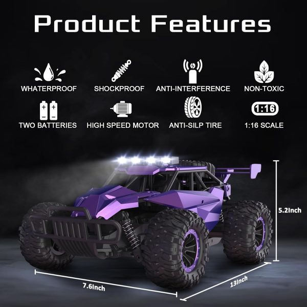 1:16 Scale Purple Remote Control Car, 20 Km/h High Speed Girls Remote Control Car Monster Vehicle with LED Headlights and Chassis Lights, RC Truck for Girls Boys and Adults - Image 3