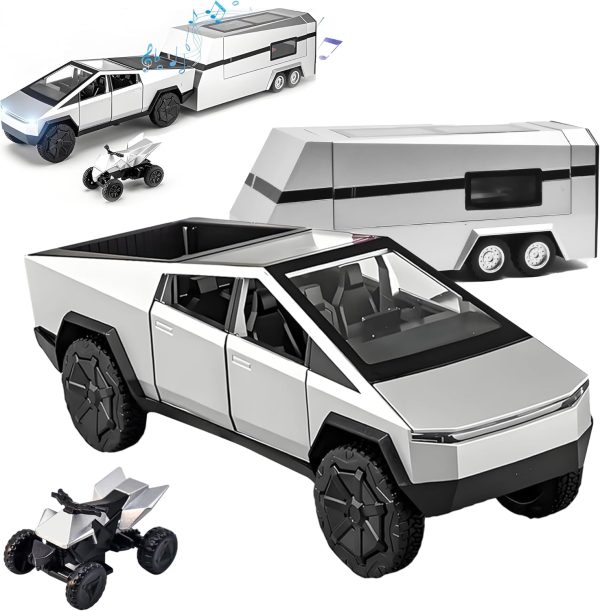 Cybertruck Toy, Cyber Truck Toy with RV, Motorcycle and Cybertquad, 1/32 Alloy Diecast Cyber Truck Toy with Light and Sound, Suitable for Kids Aged 6 and Up - Silver - Image 2