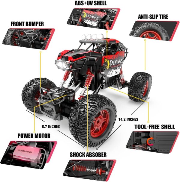 CROBOLL 1:12 Large Remote Control car for Boys Girls with Upgraded Lifting Function, 4WD 20km/h RC Car Toy Gift for Kids Off-Road RC Rock Crawler, 2.4GHz RC Monster Truck for 60Mins Play(Red) - Image 7