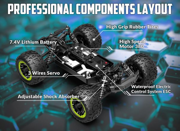 RACENT 1:16 RC Truck 4x4 Hobby RC Car 40KPH High Speed Remote Control Truck for Kids Adults, Off-Road Monster Truck with 2.4Ghz Radio Control, 2 Batteries - Image 5