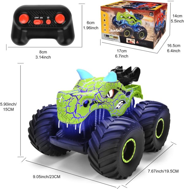 Remote Control Dinosaur Car Toys for Kid Boys, 2.4GHz RC Monster Truck Toys with Spray, Light, Sound, All Terrain Rechargeable Electric RC Car Toy, Gifts for 4-7 8-12 Kids (Green) - Image 9