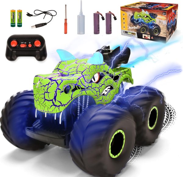 Remote Control Dinosaur Car Toys for Kid Boys, 2.4GHz RC Monster Truck Toys with Spray, Light, Sound, All Terrain Rechargeable Electric RC Car Toy, Gifts for 4-7 8-12 Kids (Green) - Image 2