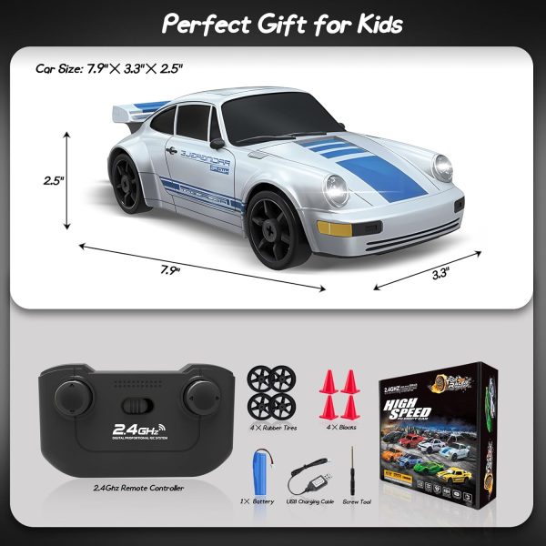 Remote Control Car RC Cars Toys for Boys, 1/24 2.4GHz 4WD RC Drift Car Silver Racing Drift Hobby Racing Car Toys with Light Rechargeable Battery and Drift Tires Xmas Toys for Kids - Image 7