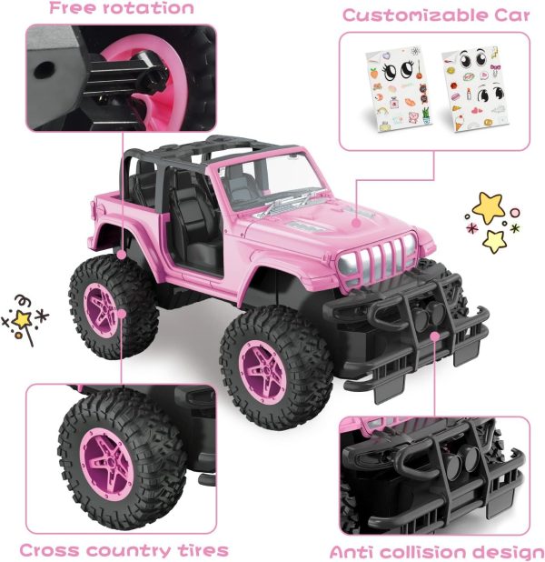 NQD Pink RC Cars 1:16 Scale with DIY Sticker, Remote Control Car for Girls, 80 Min Play 2.4Ghz Jeep RC Trucks,Little Girl Toys Gifts for 4-5 6-7 8-10 Years Old - Image 5