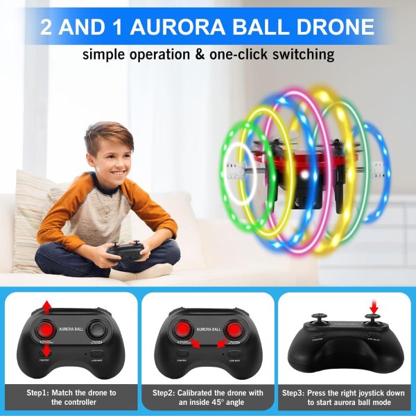 Mini Drones for Kids Beginners & Adults, RC Drone & Aurora Ball 2 in 1 Toy with One Key Take Off-Landing, 360° Spinning, Aurora Ball Mode, 2 Batteries, Quadcopter Fly Toy for Boy Girl Gifts - Image 7