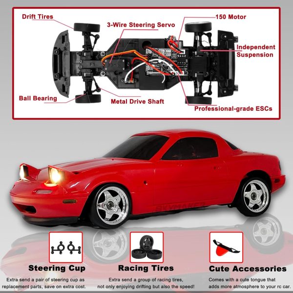 Skymaker LDRC Mazda MX5 Miata RC Drift Car 1/18, 2.4GHz Drifting with Gyro Pop-up Lights, RWD Drift Car for Adult Gift (Red with 2 Batteries) - Image 4