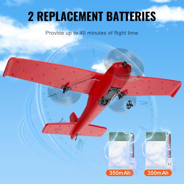 VEVOR RC Airplane, 2.4GHz 2 Channel Remote Control Aircraft with 6-Axis Gyro Stabilizer, Ready to Fly Aircraft Toy with 2 Batteries, RC Sailplane for Kids, Beginners, Red - Image 5