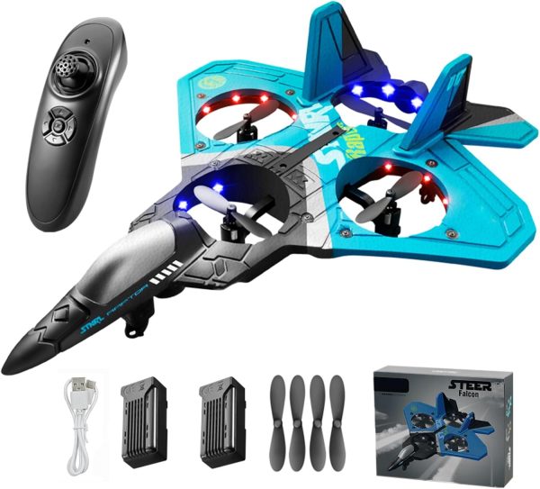 V17 Jet Fighter Stunt RC Plane - 2024 New Remote Control Airplane with 2.4GHz, 2 Batteries, 360° Stunt Spin, Durable Foam & Light RC Fighter Jet Airplane for Kid Boy (Blue with 2Pcs Battery) - Image 2