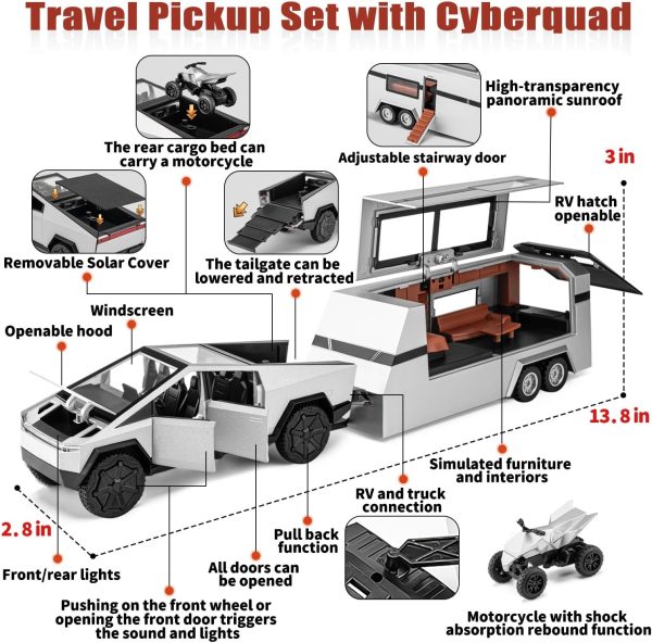 Cybertruck Toy for Kids, Pickup Truck with RV Motorcycle Cybertquad Metal Die-cast Model Car, 1/32 Toy Truck and Trailer with Sound/Light/Pull Back, Ideal Gift for Boys Aged 6 and Up (Silver) - Image 3