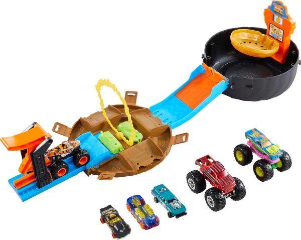 Hot Wheels Toy Monster Trucks Playset, Tire-Shaped Case Transforms into Race Course, 3 Trucks & 4 Cars in 1:64 Scale, Stunt Tire (Amazon Exclusive) - Image 2