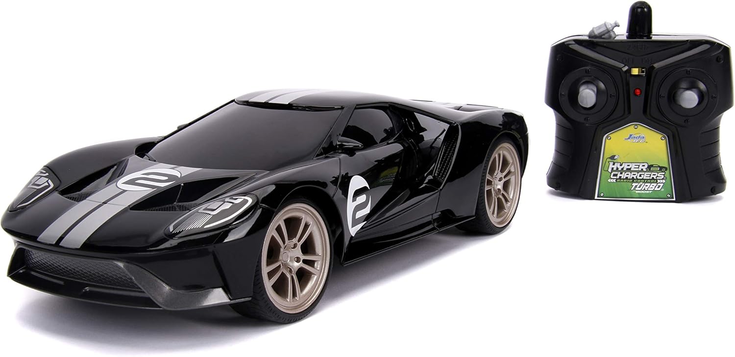 Jada Toys Bigtime Muscle 1:16 2017 Ford GT RC Remote Control Car 2.4 GHz Black/White Stripes, Toys for Kids and Adults, Glossy Black W/Stripes (30721) - Image 2