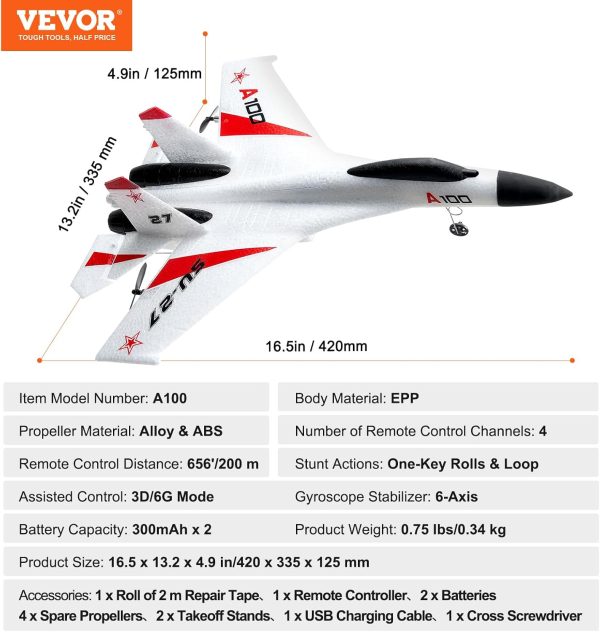 VEVOR RC Plane, 2.4GHZ 4 Channel RC Airplane with 6-Axis Gyro Stabilizer&2 Batteries, Ready to Fly SU-27 Fighter Aircraft Plane Toy for Adults Kids Beginners Boys Birthday/Xmas Child Gift - Image 8