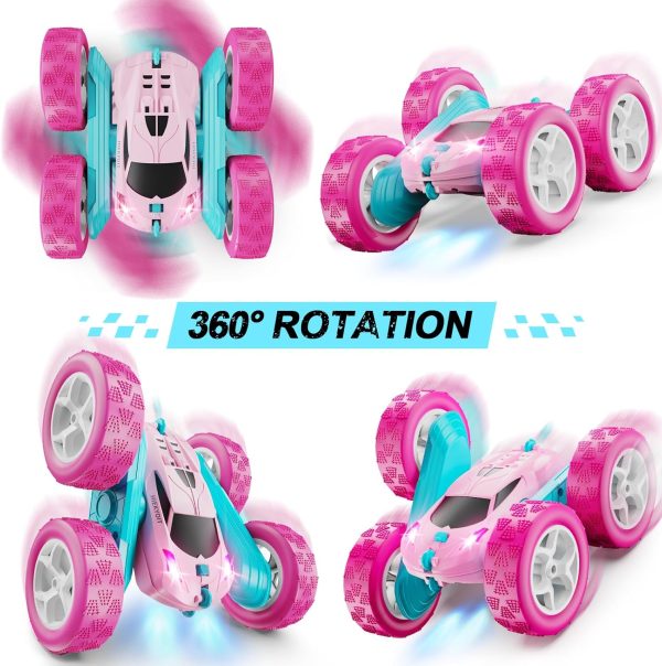 Remote Control Car, Pink RC Cars for Girls, 2.4 GHZ Double Sided RC Stunt Car 360° Rotating Remote Control Crawler with Headlights Car Toys for 6 7 8 9 10 11 12 Girls Birthday - Image 3