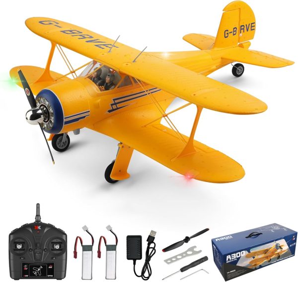 CKYSCHN WLtoys A300 4-Ch RC Plane, Beechcraft D-17 RC Airplanes with Lights, 6G/3D Brushless RC Planes with 2 Batteries, 2.4G Remote Control RC Airplanes Gifts for Adults (Yellow) - Image 2