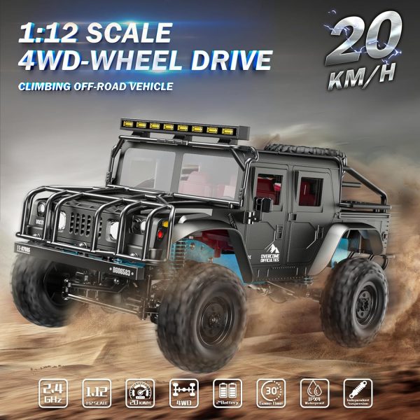 1:12 Scale All-Terrain Remote Control Car, 4WD RC Cars with 2.4 GHz, RC Climbing Truck, IPX4 Waterproof Off-Road Vehicle with Two Rechargeable Batteries, for Kids Teens Adults - Image 4