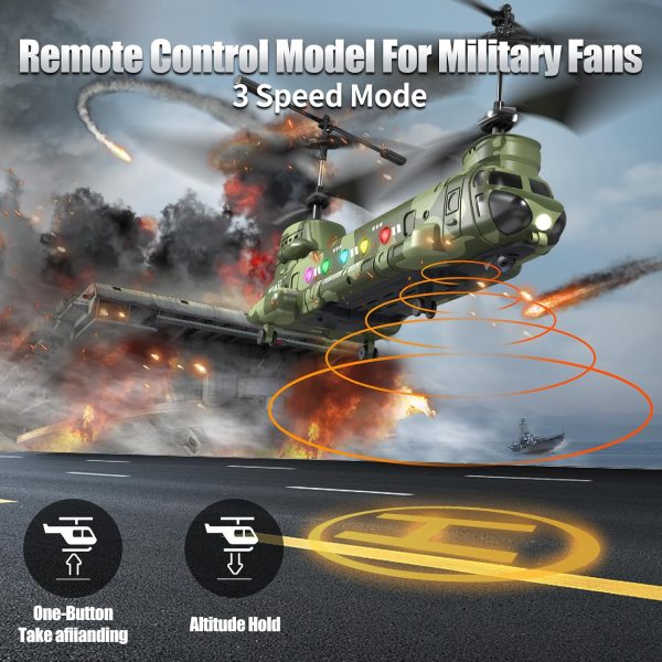 Chinook RC Helicopter，Remote Control Military Helicopter with Camera, Twin-Propeller with Altitude Hold, One Key take Off/Landing, Army RC Helicopter Toys for Boys and Military Fans - Image 4