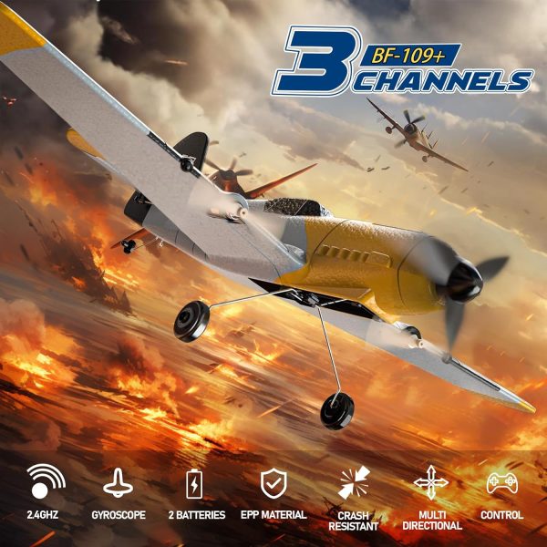 RC Plane, 3 Channel Remote Control Airplane, 6-axis Gyro Stabilizer BF-109 RTF RC Airplane with 2 Batteries, Easy to Fly for Beginners Adults and Kids - Image 3