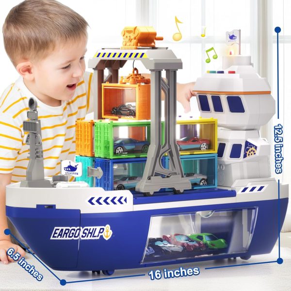 Toy Boat for Kids 3-5,Container car Set and Catapult car Device,The Gantry Crane Device,Cargo Ship with Sounds and Lights,Large Capacity car Storage, Age 4-7 Boys Girls Birthday Present - Image 9