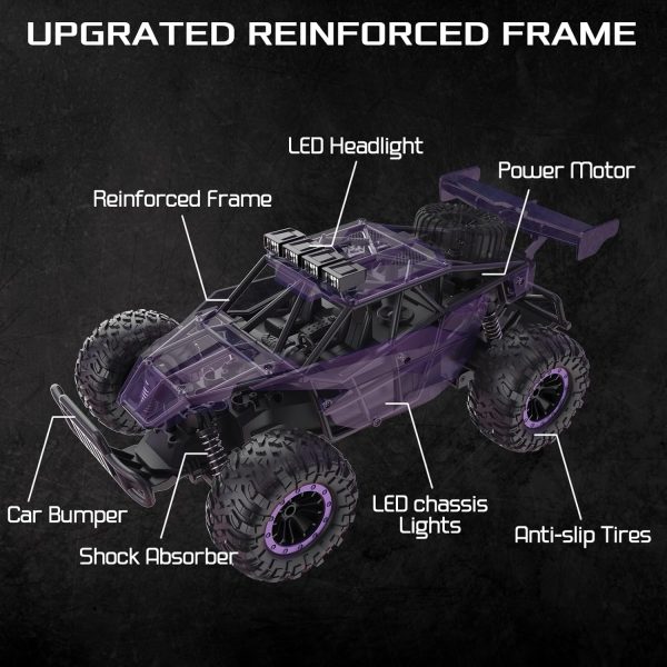 1:16 Scale Purple Remote Control Car, 20 Km/h High Speed Girls Remote Control Car Monster Vehicle with LED Headlights and Chassis Lights, RC Truck for Girls Boys and Adults - Image 5