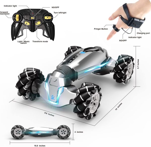 1:10 Scale Gesture Sensing Rc Stunt Car, 4WD Remote Control Hand Controlled Transform , Double Sided Vehicle 360° Spins with Lights Music, All Terrains Monster Truck for Boys Kids - Image 5