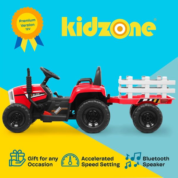 Kidzone 12V 7AH Treaded Tires with Dual 25W Motors Remote Control Battery Powered Electric Tractor with Trailer Toddler Ride On Toy with 3-Gear-Shift 7-LED Lights, MP3 Audio - Red - Image 3