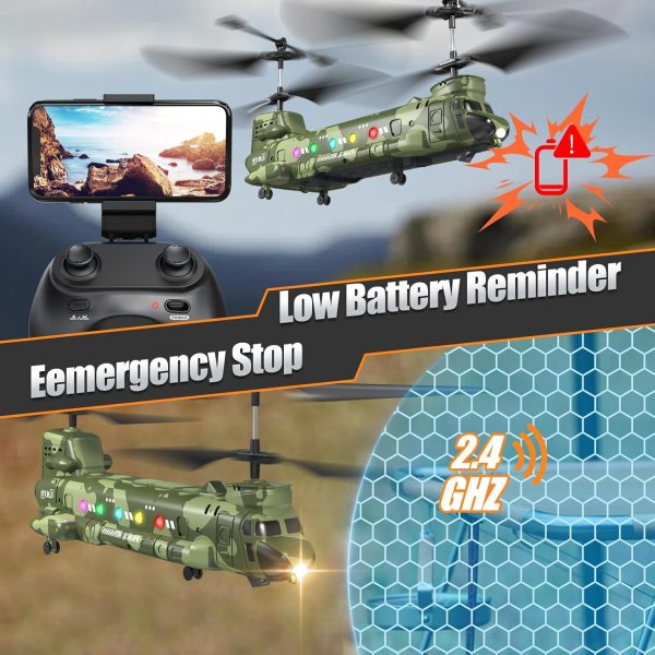 Chinook RC Helicopter，Remote Control Military Helicopter with Camera, Twin-Propeller with Altitude Hold, One Key take Off/Landing, Army RC Helicopter Toys for Boys and Military Fans - Image 5