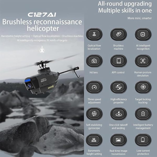 C127AI Scout RC Helicopter with 1080P Camera, 4CH AI Intelligent Remote Control Helicopter with 6-Axis Gyro One Key Take Off/Landing Optical Flow Positioning - Image 4