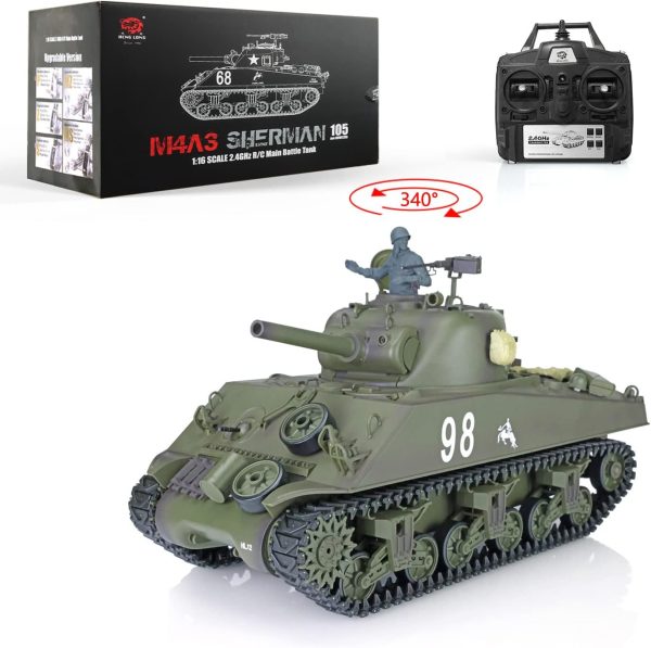 Heng Long RC Tank 2.4G 1/16 Scale 7.0 Plastic Version M4A3 Sherman Smoking Unit Battle Tank Military Transport Vehicles 340° Rotating Turret IR Combat Barrel Model 3898 BB Shooting Airsoft - Image 3