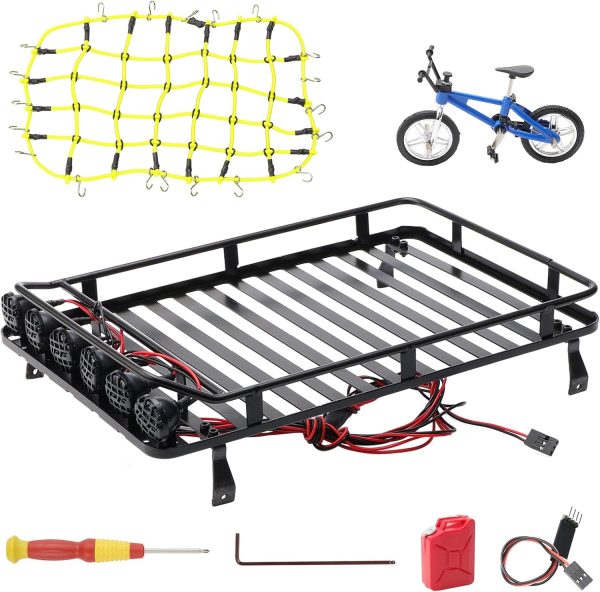 Metal RC Roof Rack (9.25 x 6.10 Inch) w/ 6 LED Lights & Elastic Luggage Net & Mini Gas Can & Bike Decor Accessories for 1:10 Rock Crawler SCX10 RC4WD TRX-4 (12.3"/313mm Wheelbase) - Image 2