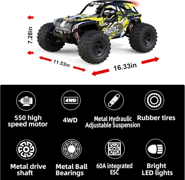 1:10 Large Brush RC Car for Adults, Fast Remote Control Car, 28+ MPH Rc Hobby Truck with Headlights, All Terrain 2.4Ghz Electric Hobby Rc Cars, 4WD Off Road Monster Truck for Adults - Yellow - Image 4