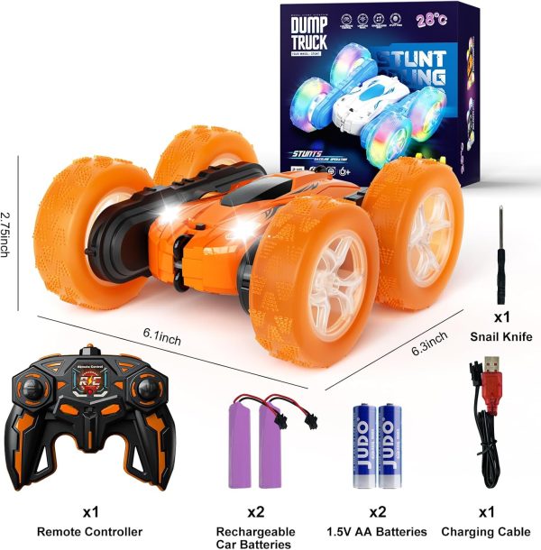 Remote Control Car, RC Cars Toys for Ages 4-7, 2.4GHz 4WD Fast RC Car Kids Toys for Ages 8-12, Double Sided 360°Rotating Monster Truck Toys for Girls RC Truck Toy Cars for Boys, Orange - Image 8