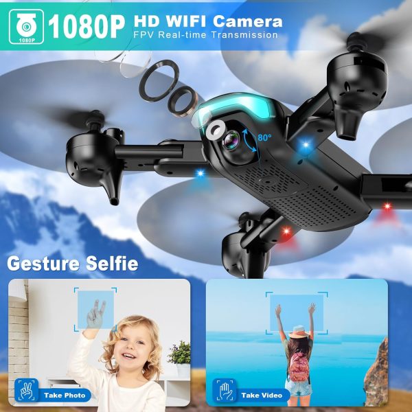 REDRIE Drone with Camera - Foldable Drone for Kids Adults with 1080P FPV Camera, Upgrade Altitude Hold, Gestures Selfie, Waypoint Fly, Headless Mode, 3D Flip, One Key Start, 3 Speed Mode, Circle Fly, 2 Batteries - Image 3