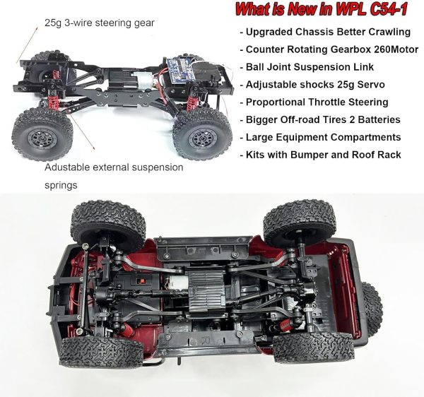 RC Crawler WPL C54-1 RC Truck 1/16 RC Rock Crawler 4x4 Remote Control Truck Off Road All Terrain RTR Proportional 260 Motor Upgraded Chassis and Gearbox Hobby RC Gift for Adults 2 Batteries - Image 6