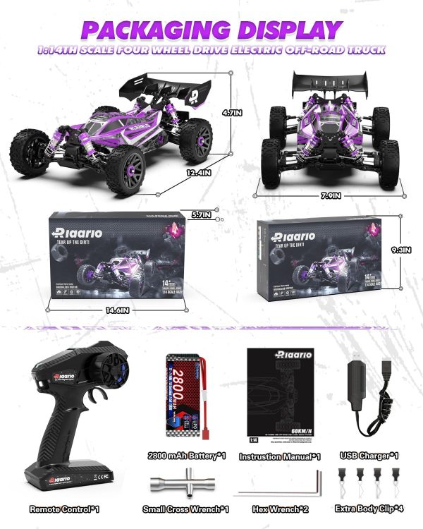 RIAARIO 1:14 RTR Brushless Fast RC Cars for Adults with Independent ESC, Max 63mph Hobby Off-Road RC Trucks, RC Monster Trucks with Carbon Fiber Chassis, Oil Filled Shocks Remote Control Car for Boys - Image 8