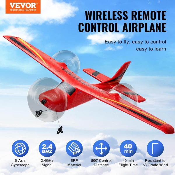 VEVOR RC Airplane, 2.4GHz 2 Channel Remote Control Aircraft with 6-Axis Gyro Stabilizer, Ready to Fly Aircraft Toy with 2 Batteries, RC Sailplane for Kids, Beginners, Red - Image 3