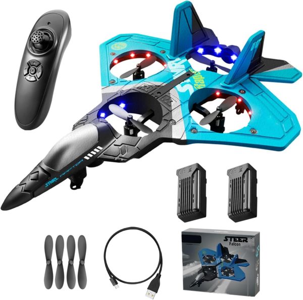 V17 Jet Fighter Stunt RC Plane - 2024 New RC Plane with 2.4GHz, 2 Batteries, 360° Stunt Spin, Remote Control Airplane RC Fighter Jet Airplane for Kid Boy Hobby Toy Gifts (Blue + 2 Batteries Version) - Image 2