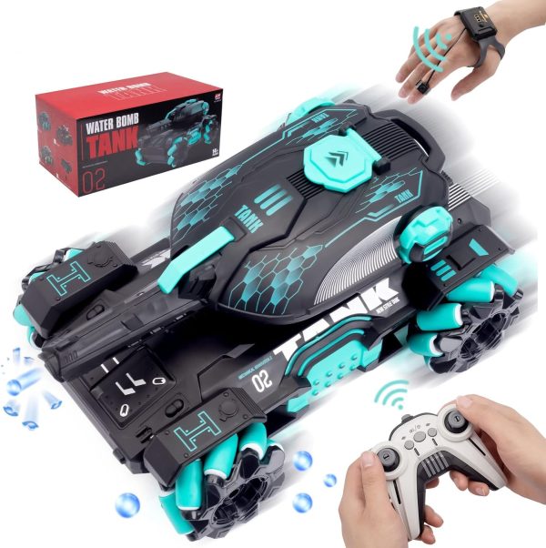 RC Stunt Tank with Light, Watch Gesture Sensor RC Tank Toy, 360 Rotation Remote Control Stunt Car Shooting Water Bullets, Gifts for Children (Black and Cyan) - Image 2