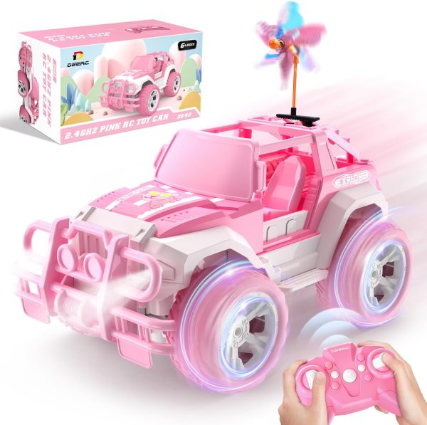 DEERC RC Cars with Windmill Hair Clips, 1:18 Scale Remote Control Car with Storage Case, 80 Min Playtime 2.4Ghz LED Light Off-Road Pink Monster RC Trucks with Auto Mode, Toys Car Gifts for Girls Kids - Image 2