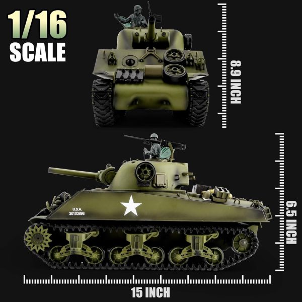 RC Tank Henglong US M4A3 Sherman Medium Tank, 1/16 Remote Control Main Battle Tank 2.4ghz Vehicles Model with Sound & Light for Ages 14+ - Image 6