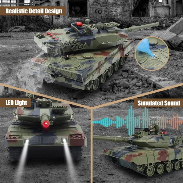 Fistone RC Battle Tank Set, 1/24 Scale 2.4G Remote Control T90 Tank and Leopard Battle Tank with Realistic Sounds, Lights, Life Indicators and Spray Military Toys for Kids and Adults - Image 4