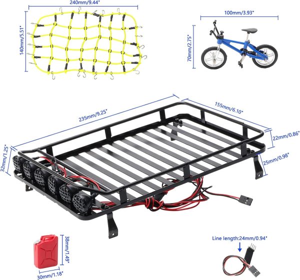 Metal RC Roof Rack (9.25 x 6.10 Inch) w/ 6 LED Lights & Elastic Luggage Net & Mini Gas Can & Bike Decor Accessories for 1:10 Rock Crawler SCX10 RC4WD TRX-4 (12.3"/313mm Wheelbase) - Image 3